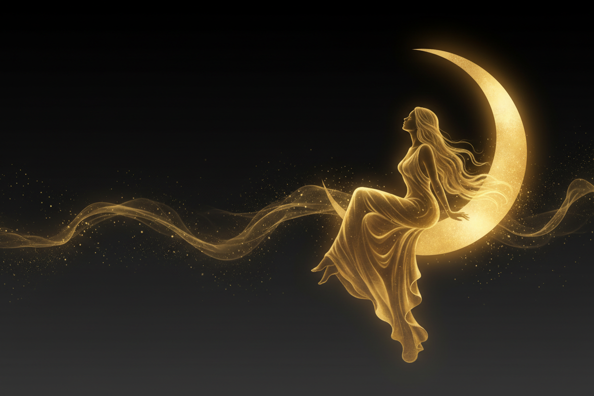 woman sitting on the moon  in soft gold on black gradient
Add a faint moving mist or glow overlay (optional, for sensual motion)