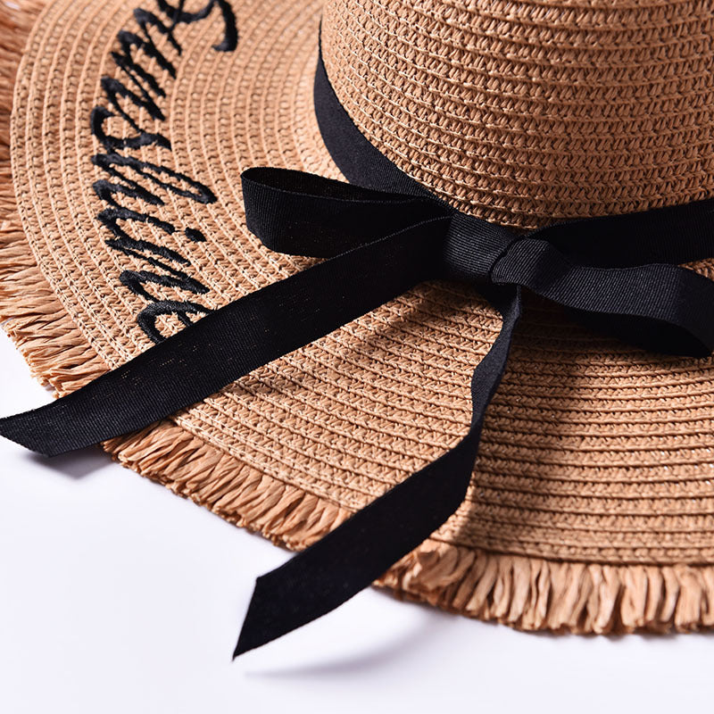 Beach beach big hat embroidered letters raw edge sun hat