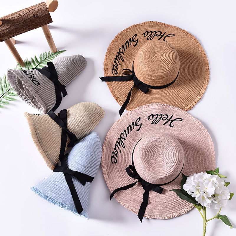 Beach beach big hat embroidered letters raw edge sun hat Main image