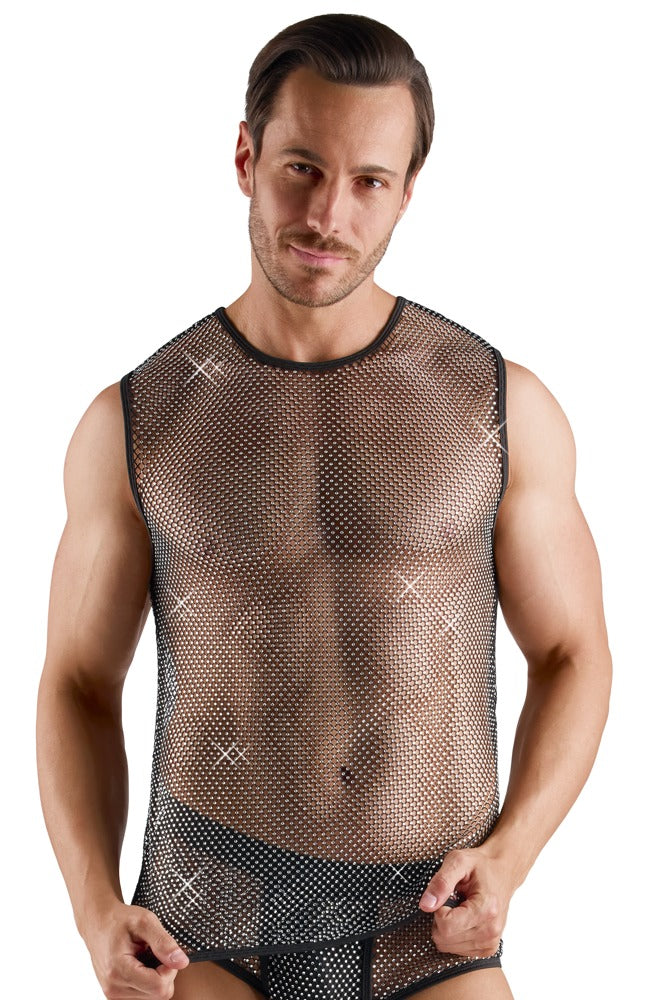 Svenjoyment Black Sheer Mesh Sleeveless Shirt with Rhinestones