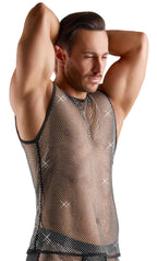 Svenjoyment Black Sheer Mesh Sleeveless Shirt with Rhinestones