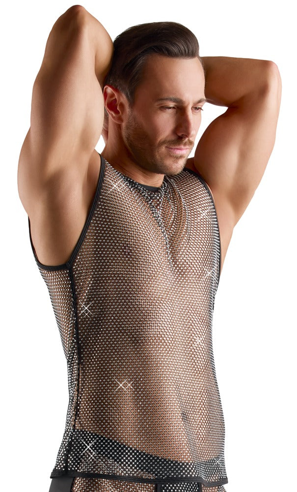 Svenjoyment Black Sheer Mesh Sleeveless Shirt with Rhinestones