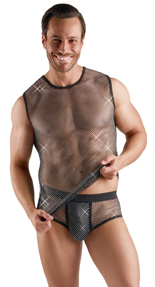 Svenjoyment Black Sheer Mesh Sleeveless Shirt with Rhinestones