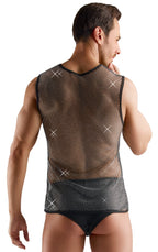 Svenjoyment Black Sheer Mesh Sleeveless Shirt with Rhinestones