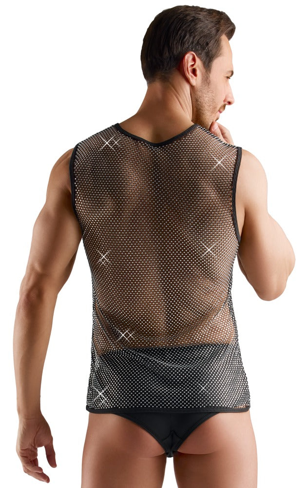 Svenjoyment Black Sheer Mesh Sleeveless Shirt with Rhinestones