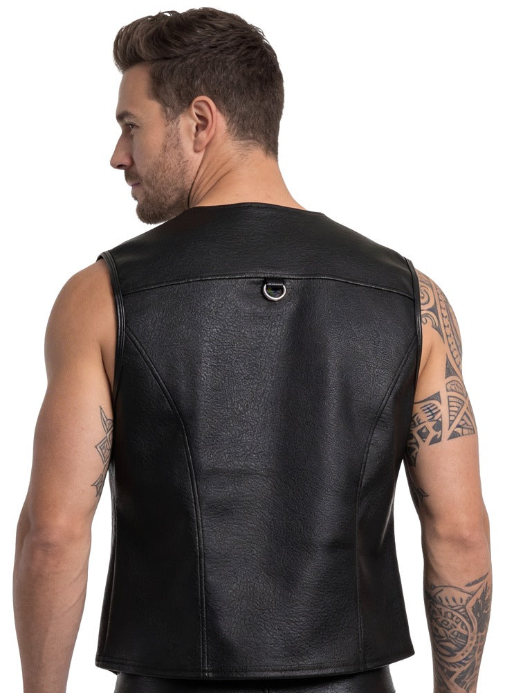 Svenjoyment Black Faux Leather Biker Vest with Chain