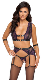 Cottelli BONDAGE Purple Lace Crotchless Suspender Set