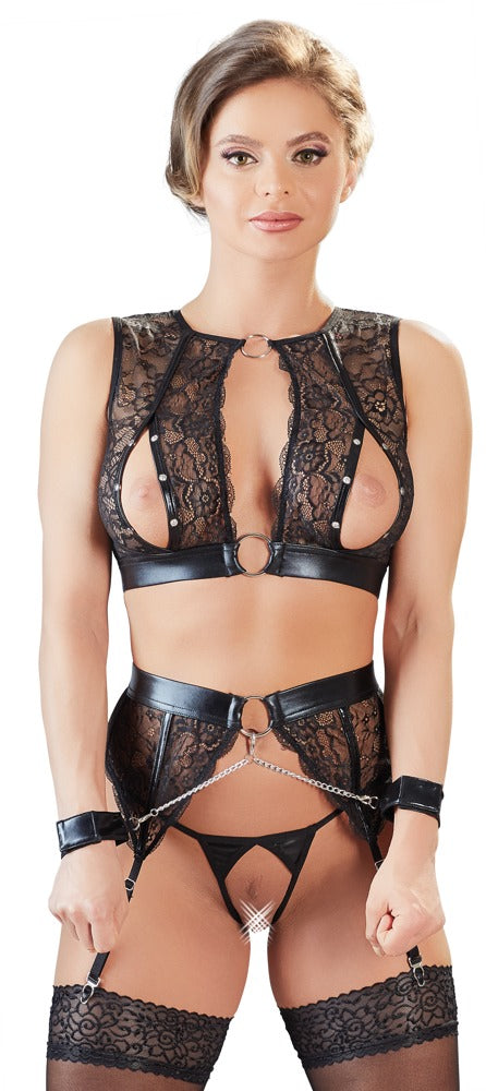 Cottelli BONDAGE Black Lace Wetlook Suspender Set
