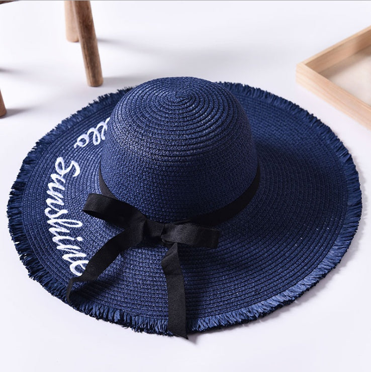 Beach beach big hat embroidered letters raw edge sun hat