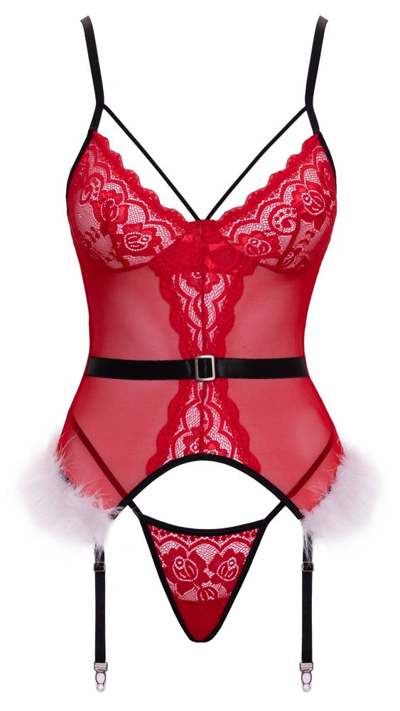 Cottelli LINGERIE Red Christmas Lace Basque & Thong Set
