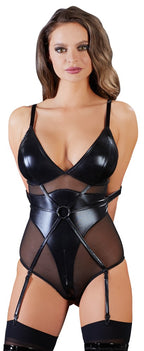 Cottelli BONDAGE Black Wetlook Zip Body with Suspenders