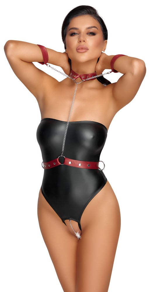 Cottelli BONDAGE Black Crotchless Body with Red Harness