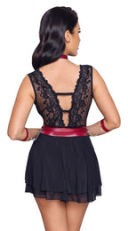 Cottelli BONDAGE Black Lace Babydoll with Red Restraint Belt