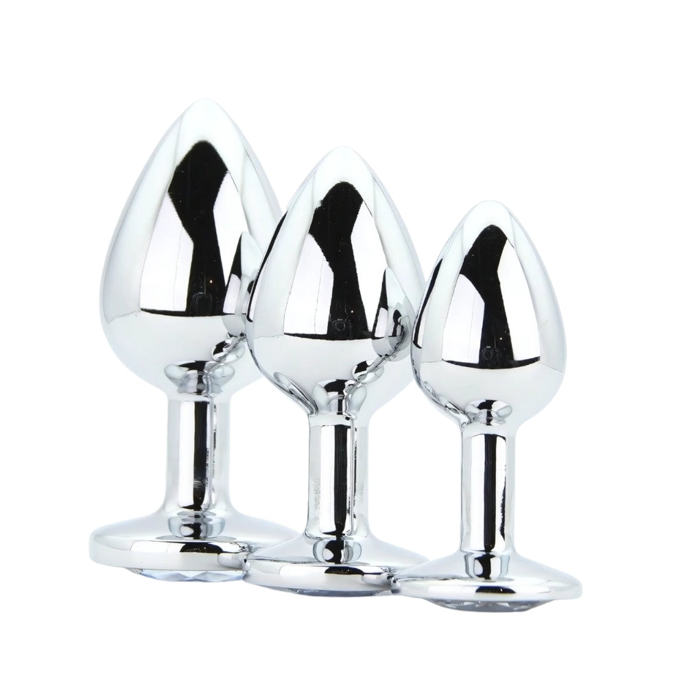 Toosh Metal Butt Plug Silver Set of 3 Clear Stone