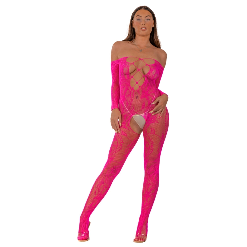 Lace by LJ Lace Up Front Crotchless Bodystocking Fuchsia Secondary image