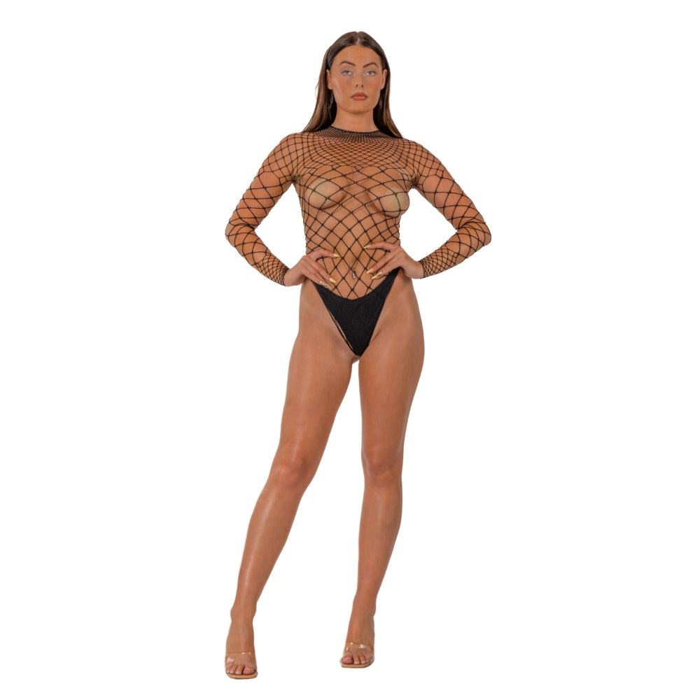 Lace by LJ Fence Net Long Sleeved Thong Bodysuit Black Secondary image