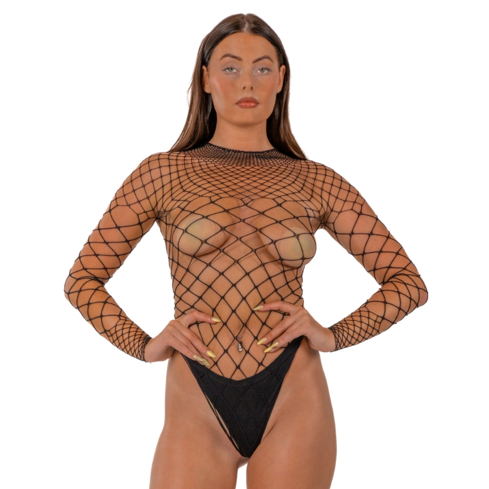 lace-by-lj-fence-net-long-sleeved-thong-bodysuit-black Main image