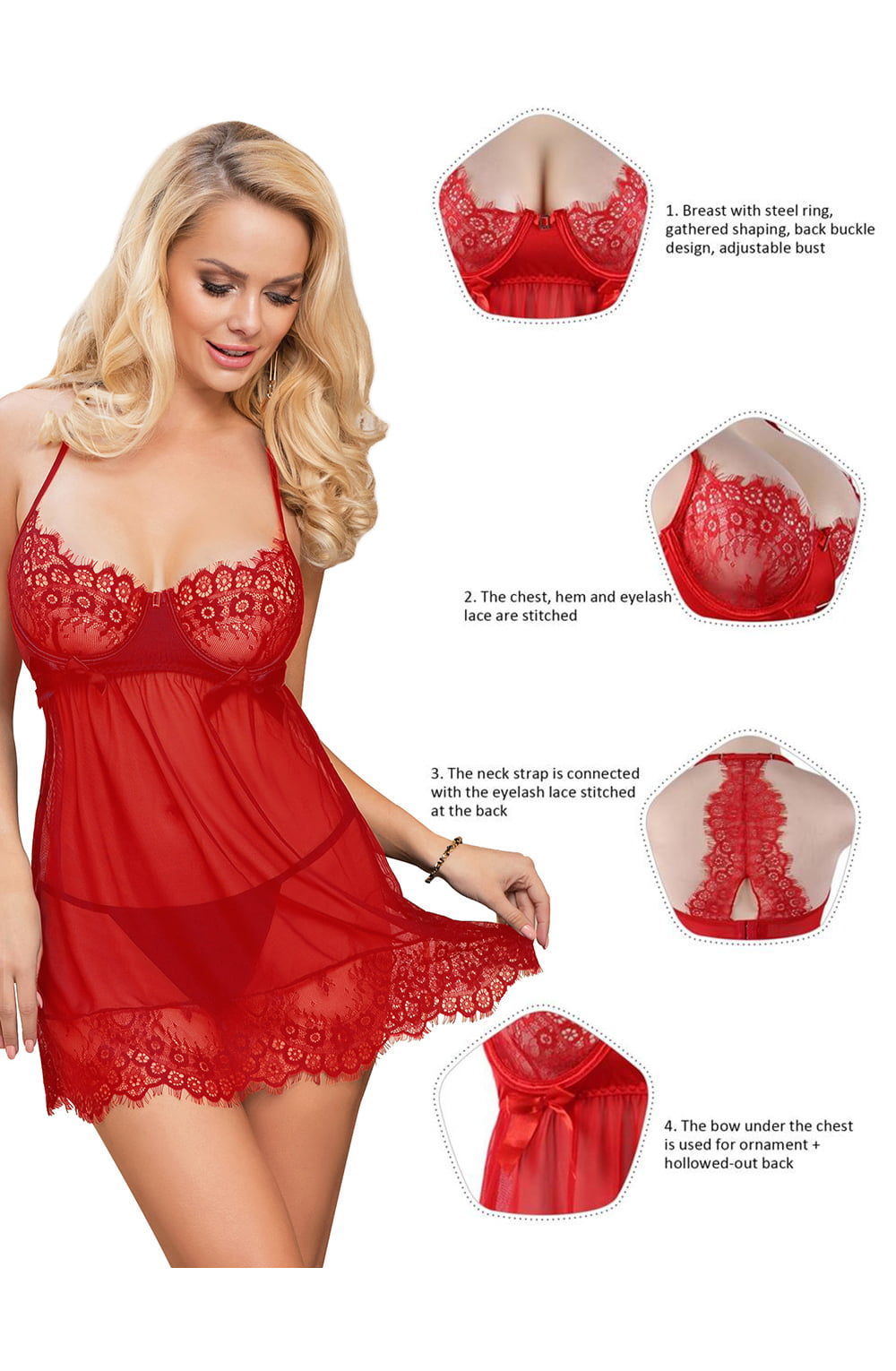 YesX YX952 Red Babydoll Set – image 7