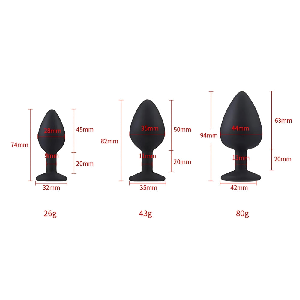 Toosh Silicone Butt Plug Black Set of 3 Clear Stone