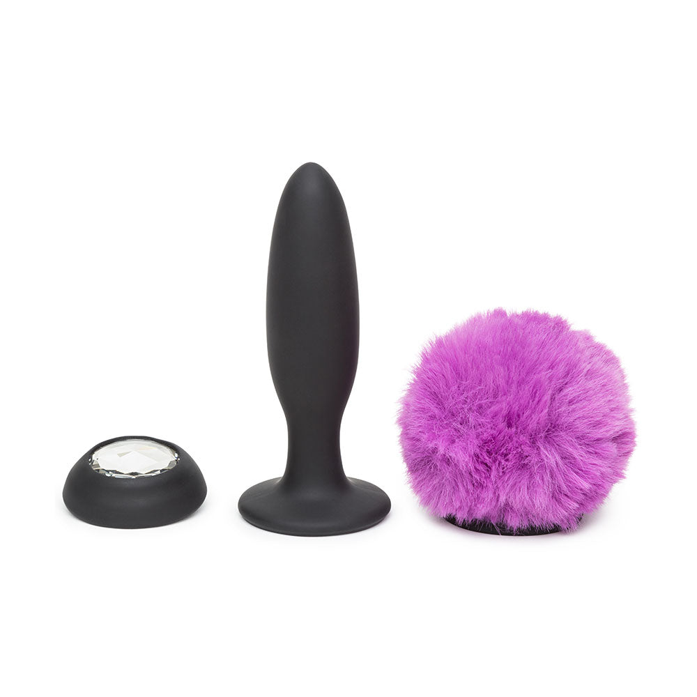 Happy Rabbit Vibrating Bunny Tail Butt Plug - Black/Purple Medium