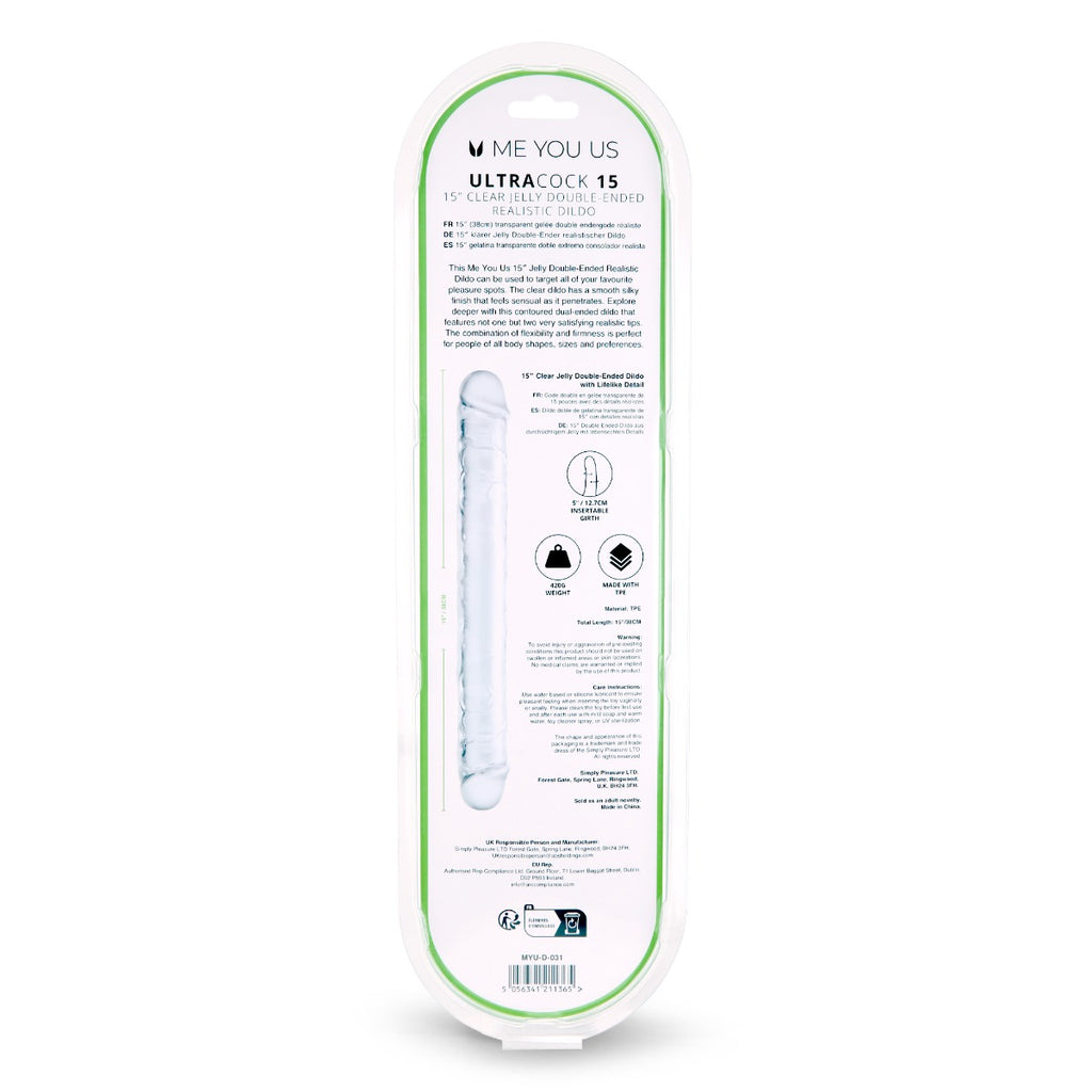 Me You Us Ultra Cock Jelly Double Ended Dildo Clear 15 Inch