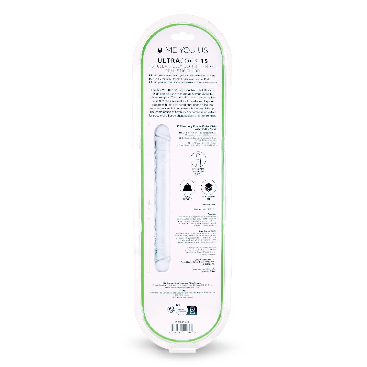 Me You Us Ultra Cock Jelly Double Ended Dildo Clear 15 Inch