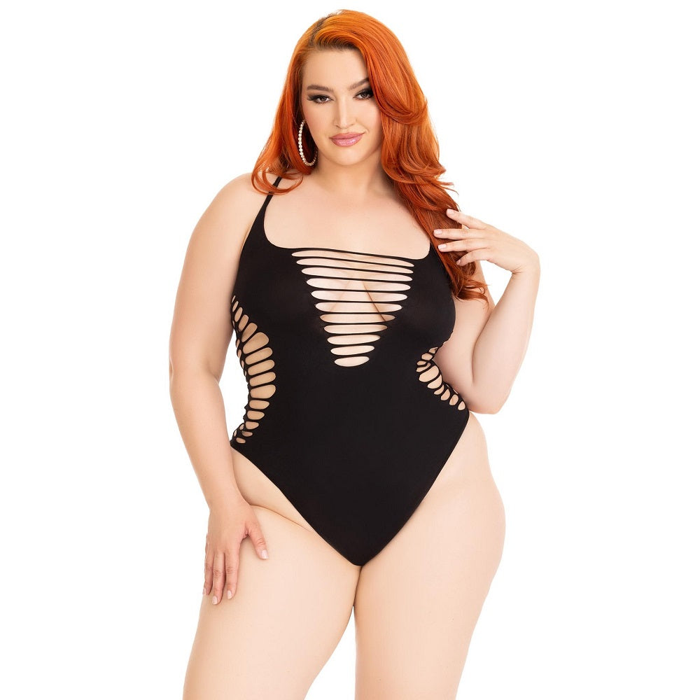 Leg Avenue Shredded Thong Bodysuit Black Plus Size Main image