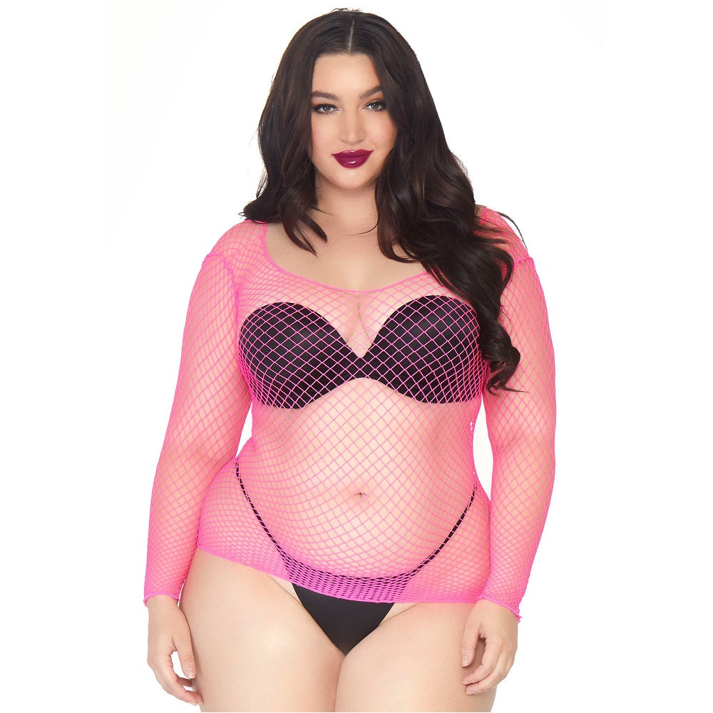 Leg Avenue Long Sleeved Industrial Net Top Neon Pink Plus Size Main image