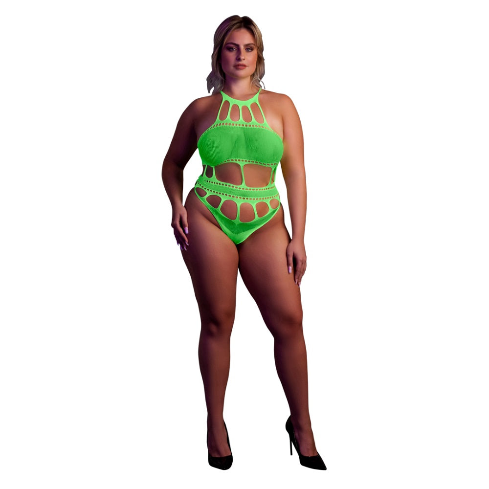 Cut Out Thong Bodysuit Neon Green Plus Size Main image