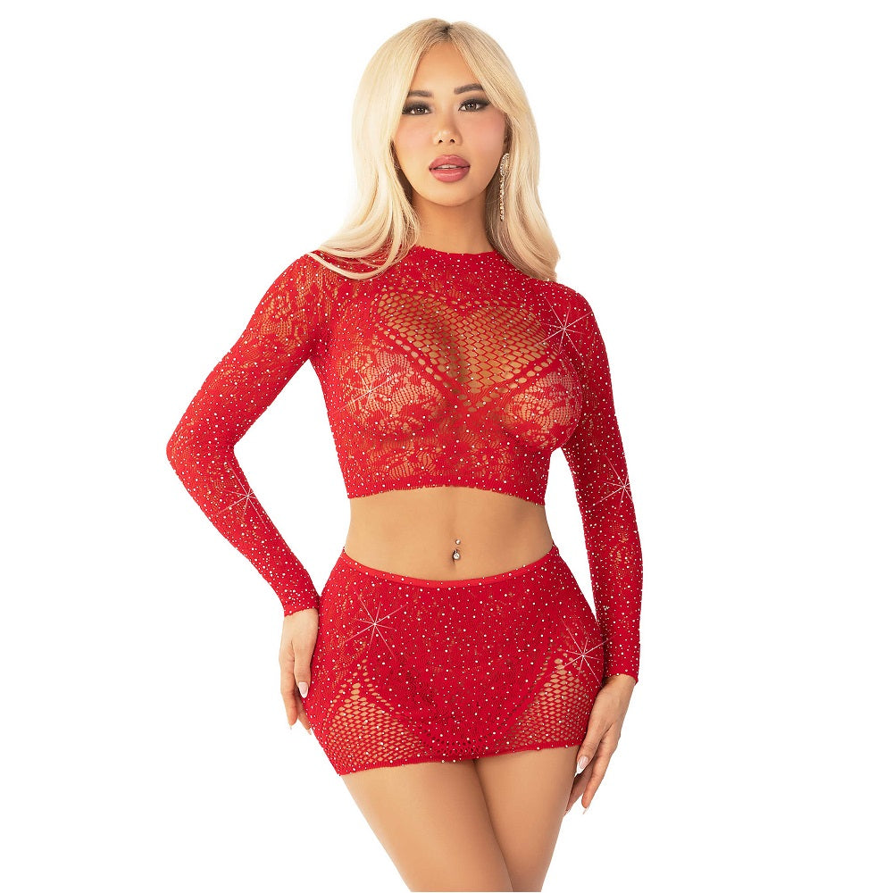 Leg Avenue Rhinestone Crop Top and Mini Skirt Red Main image