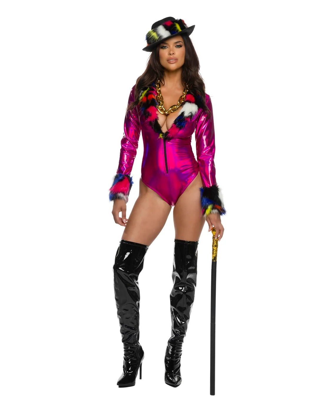 Ravishing Pimp Roma Costume 6608 pink metallic romper and hat front view Main image