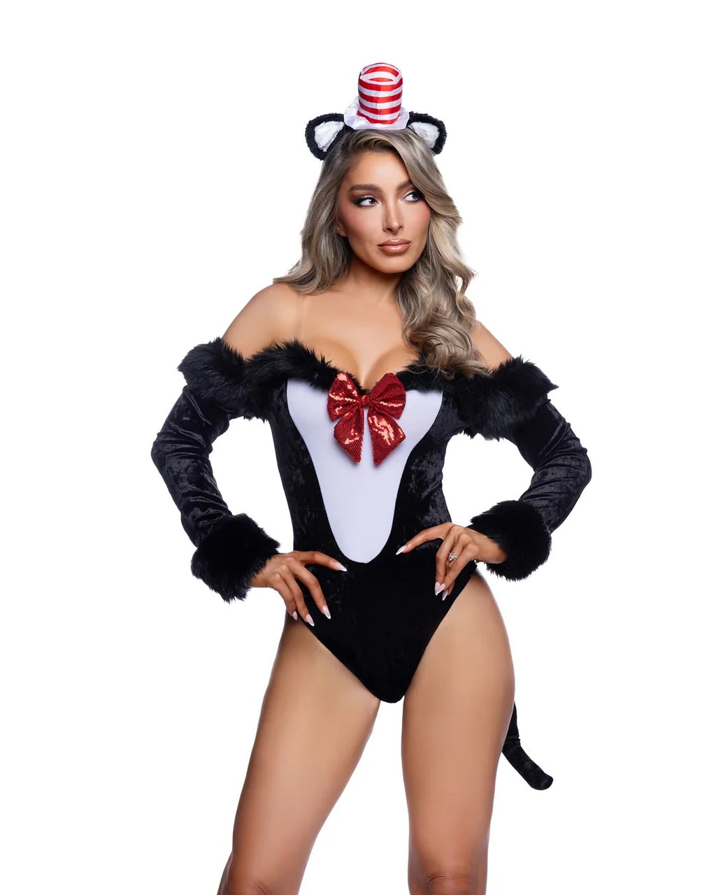 Hat Cat Babe Roma Costume 6818 front view black white cat bodysuit
