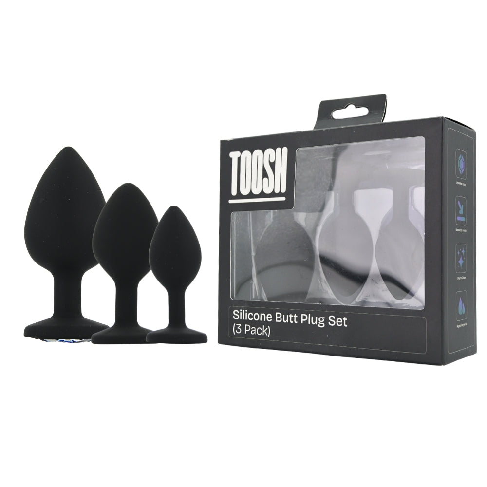Toosh Silicone Butt Plug Black Set of 3 Clear Stone Main image