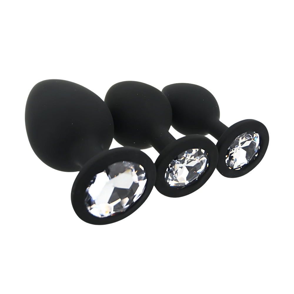 Toosh Silicone Butt Plug Black Set of 3 Clear Stone
